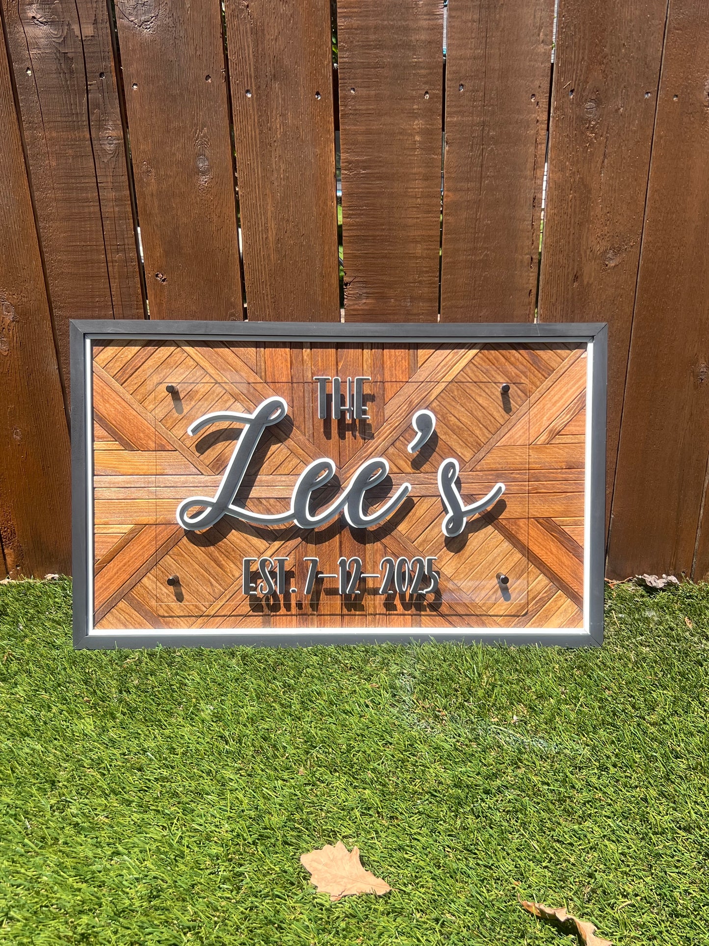 Custom wood mosaic floating business or name sign