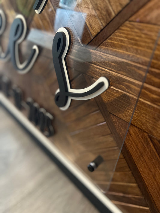 Custom wood mosaic floating business or name sign